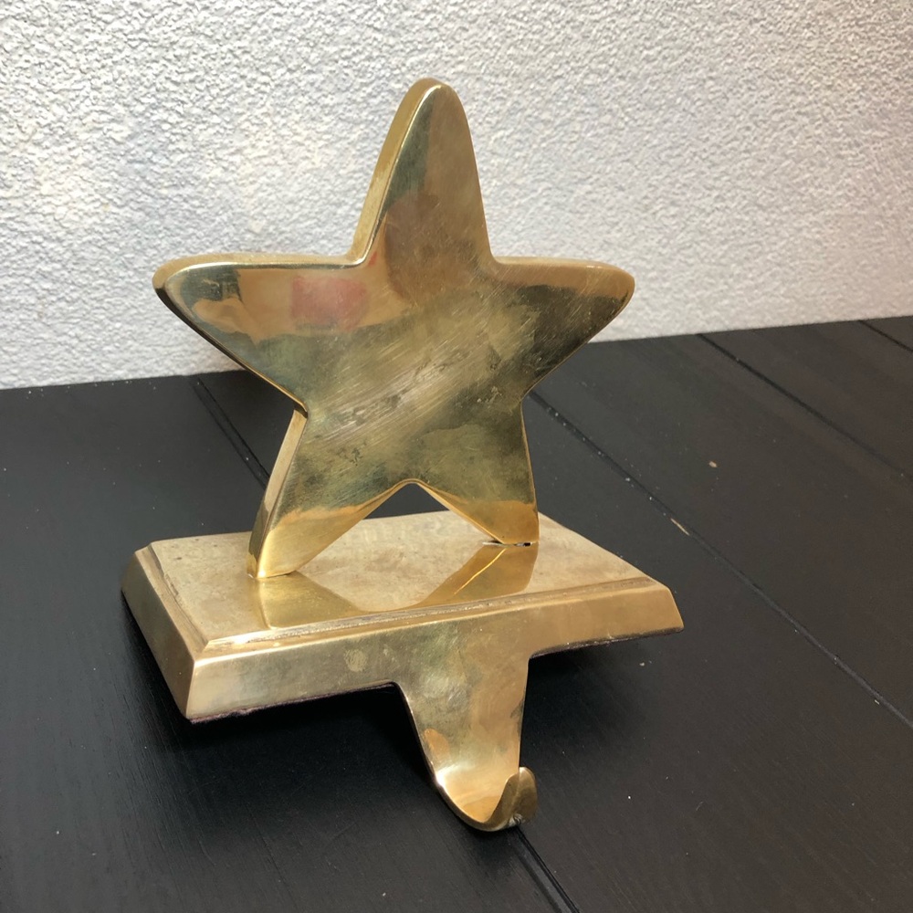 Vtg Christmas Star Heavy Brass Mantel Hook Stocking Holder Hanger